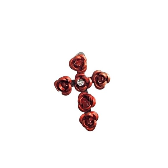 Red Enamel Rose Bud Cross Brooch Glass Rhinestone Accent Silver Tone Back - Picture 8 of 8